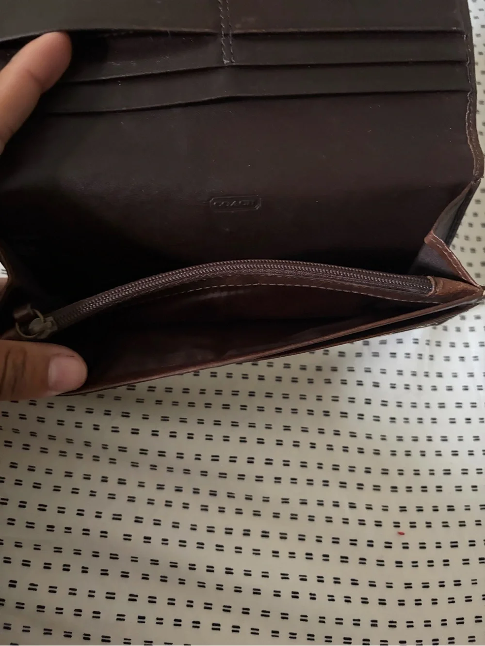 Coach Patchwork Leather & Fabric Trifold Wallet in Brown Tones